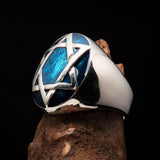 Excellent crafted Men's Hebrew Ring oval Blue Star of David - Sterling Silver - BikeRing4u