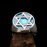 Excellent crafted Men's Pinky Ring Blue Star of David - Sterling Silver - BikeRing4u