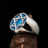 Excellent crafted Men's Pinky Ring Blue Star of David - Sterling Silver - BikeRing4u