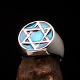 Excellent crafted Men's Pinky Ring Blue Star of David - Sterling Silver - BikeRing4u