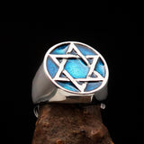 Excellent crafted Men's Pinky Ring Blue Star of David - Sterling Silver - BikeRing4u