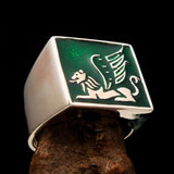 Perfectly crafted Men's Ring winged Lion of Venice Green - Sterling Silver - BikeRing4u