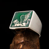 Perfectly crafted Men's Ring winged Lion of Venice Green - Sterling Silver - BikeRing4u