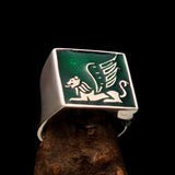 Perfectly crafted Men's Ring winged Lion of Venice Green - Sterling Silver - BikeRing4u