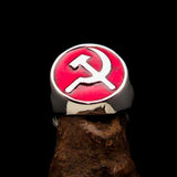 Excellent crafted Men's Socialist Ring red Hammer Sickle - Sterling Silver - BikeRing4u