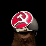 Excellent crafted Men's Socialist Ring red Hammer Sickle - Sterling Silver - BikeRing4u