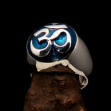 Nicely crafted domed Men's Buddhist Ring Blue Aum Symbol - Sterling Silver - BikeRing4u