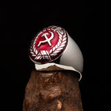 Perfectly crafted Men's Communist Ring red Hammer Sickle Crest CCCP - Sterling Silver - BikeRing4u