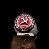 Perfectly crafted Men's Communist Ring red Hammer Sickle Crest CCCP - Sterling Silver - BikeRing4u