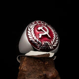Perfectly crafted Men's Communist Ring red Hammer Sickle Crest CCCP - Sterling Silver - BikeRing4u