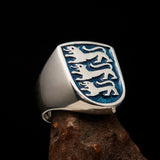 Perfectly crafted Men's Shield Ring Blue 3 Lions Coat of Arms - Sterling Silver - BikeRing4u