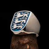 Perfectly crafted Men's Shield Ring Blue 3 Lions Coat of Arms - Sterling Silver - BikeRing4u