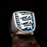 Perfectly crafted Men's Shield Ring Blue 3 Lions Coat of Arms - Sterling Silver - BikeRing4u
