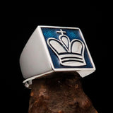 Perfectly crafted Men's Chess Player Ring King's Crown Blue - Sterling Silver - BikeRing4u