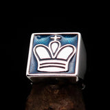 Perfectly crafted Men's Chess Player Ring King's Crown Blue - Sterling Silver - BikeRing4u