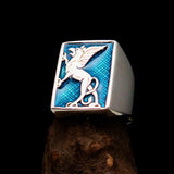 Perfectly crafted Men's Blue Griffin Ring Griffon - Sterling Silver - BikeRing4u