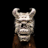 Excellent crafted Men's horned Devil Ring - Mirror Polished Sterling Silver - BikeRing4u