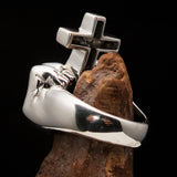 Excellent crafted Sterling Silver Atheist Ring Fist Middle Finger Cross - BikeRing4u
