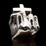 Excellent crafted Sterling Silver Atheist Ring Fist Middle Finger Cross - BikeRing4u