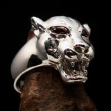Excellent crafted Sterling Silver Men's Animal Ring Cougar red CZ Eyes - BikeRing4u
