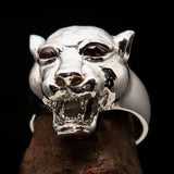 Excellent crafted Sterling Silver Men's Animal Ring Cougar red CZ Eyes - BikeRing4u