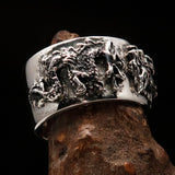 Excellent crafted Men's Sterling Silver Two Dragon Ring - BikeRing4u