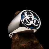 Nicely crafted Men's Biohazard Ring Blue Toxic Waste Symbol - Sterling Silver - BikeRing4u
