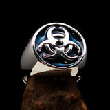 Nicely crafted Men's Biohazard Ring Blue Toxic Waste Symbol - Sterling Silver - BikeRing4u