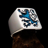 Perfectly crafted Men's Rampant Lion Ring Blue - Sterling Silver - BikeRing4u