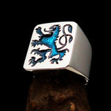 Perfectly crafted Men's Rampant Lion Ring Blue - Sterling Silver - BikeRing4u
