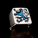 Perfectly crafted Men's Rampant Lion Ring Blue - Sterling Silver - BikeRing4u