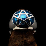 Perfectly domed Men's Solid Line Pentagram Ring Blue - Sterling Silver - BikeRing4u