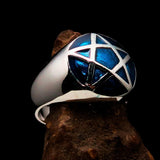 Perfectly domed Men's Solid Line Pentagram Ring Blue - Sterling Silver - BikeRing4u