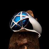 Perfectly domed Men's Solid Line Pentagram Ring Blue - Sterling Silver - BikeRing4u