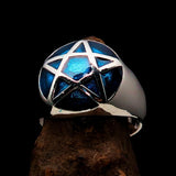 Perfectly domed Men's Solid Line Pentagram Ring Blue - Sterling Silver - BikeRing4u