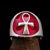 Excellent crafted Men's big red Egyptian Ankh Cross Ring - Sterling Silver - BikeRing4u