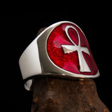 Excellent crafted Men's big red Egyptian Ankh Cross Ring - Sterling Silver - BikeRing4u