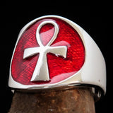 Excellent crafted Men's big red Egyptian Ankh Cross Ring - Sterling Silver - BikeRing4u