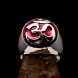 Nicely crafted domed Men's Buddhist Ring red Aum Symbol - Sterling Silver - BikeRing4u