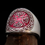 Excellent crafted ancient red Celtic Birgit's Cross Men's Ring - Sterling Silver - BikeRing4u
