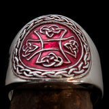 Excellent crafted ancient red Celtic Birgit's Cross Men's Ring - Sterling Silver - BikeRing4u