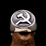 Excellent crafted Men's Socialist Ring Hammer Sickle Black - Sterling Silver - BikeRing4u