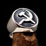 Excellent crafted Men's Socialist Ring Hammer Sickle Black - Sterling Silver - BikeRing4u