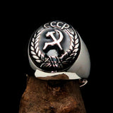 Perfectly crafted Men's Communist Ring Hammer Sickle Crest CCCP Black - Sterling Silver - BikeRing4u