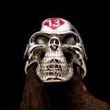 Excellent crafted Men's Biker Skull Ring Red Diamond Lucky 13 - Sterling Silver - BikeRing4u