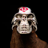 Excellent crafted Men's Biker Skull Ring Red Diamond Lucky 13 - Sterling Silver - BikeRing4u