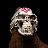 Excellent crafted Men's Biker Skull Ring Red Diamond Lucky 13 - Sterling Silver - BikeRing4u
