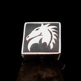 Excellent crafted Men's Chess Ring Horse Head Black - Sterling Silver - BikeRing4u