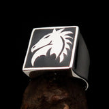 Excellent crafted Men's Chess Ring Horse Head Black - Sterling Silver - BikeRing4u