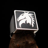 Excellent crafted Men's Chess Ring Horse Head Black - Sterling Silver - BikeRing4u